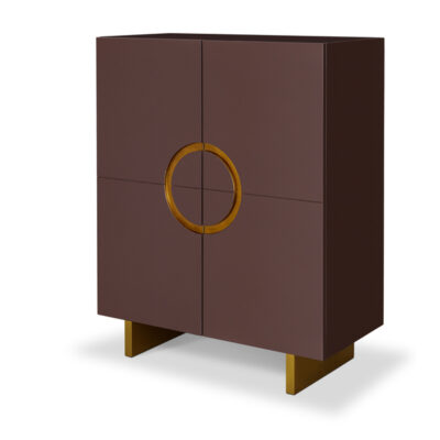 Brown Lacquer Bar Cabinet with gold silver leaf accents on handles and legs